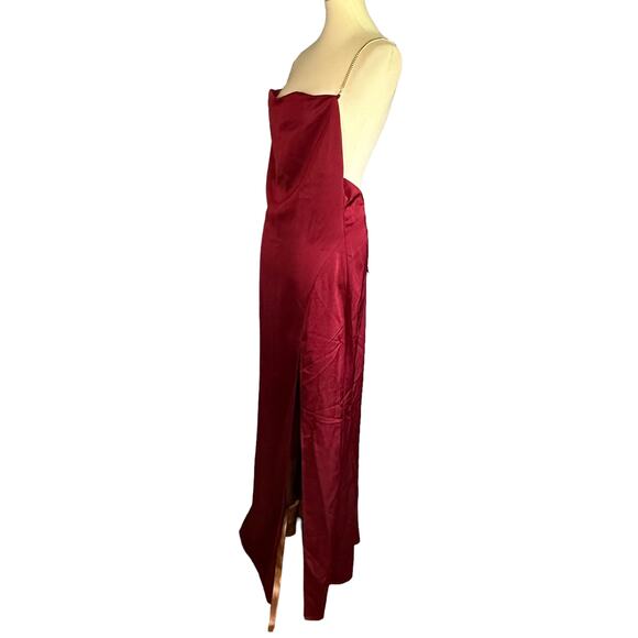 NBD Red Satin Maxi Slip Dress MEDIUM Gown Cowl Backless Slit Formal $258 NEW - Picture 6 of 9